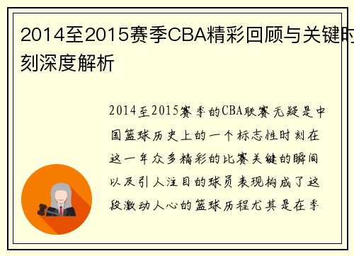 2014至2015赛季CBA精彩回顾与关键时刻深度解析